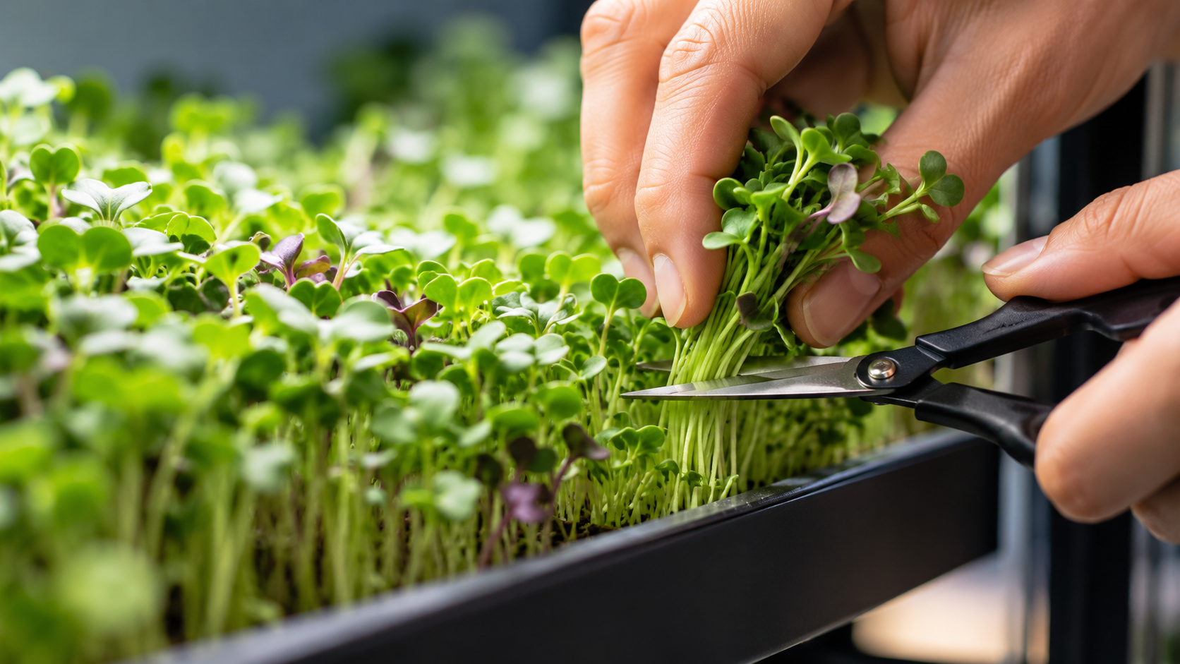 Hands cutting fresh microgreens from a growing tray