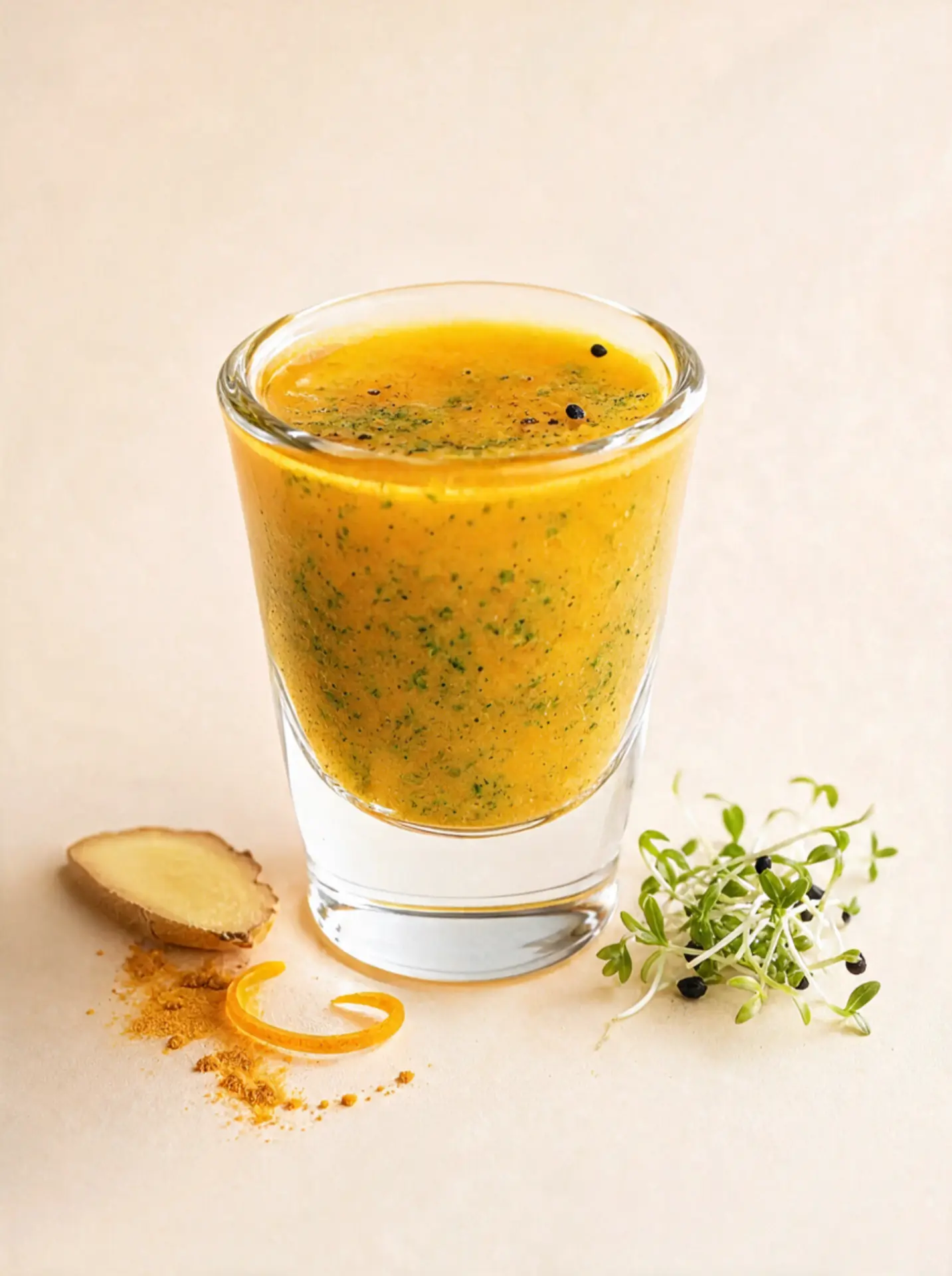 Finished nutriKube wellness shot with fresh microgreens, ginger and citrus